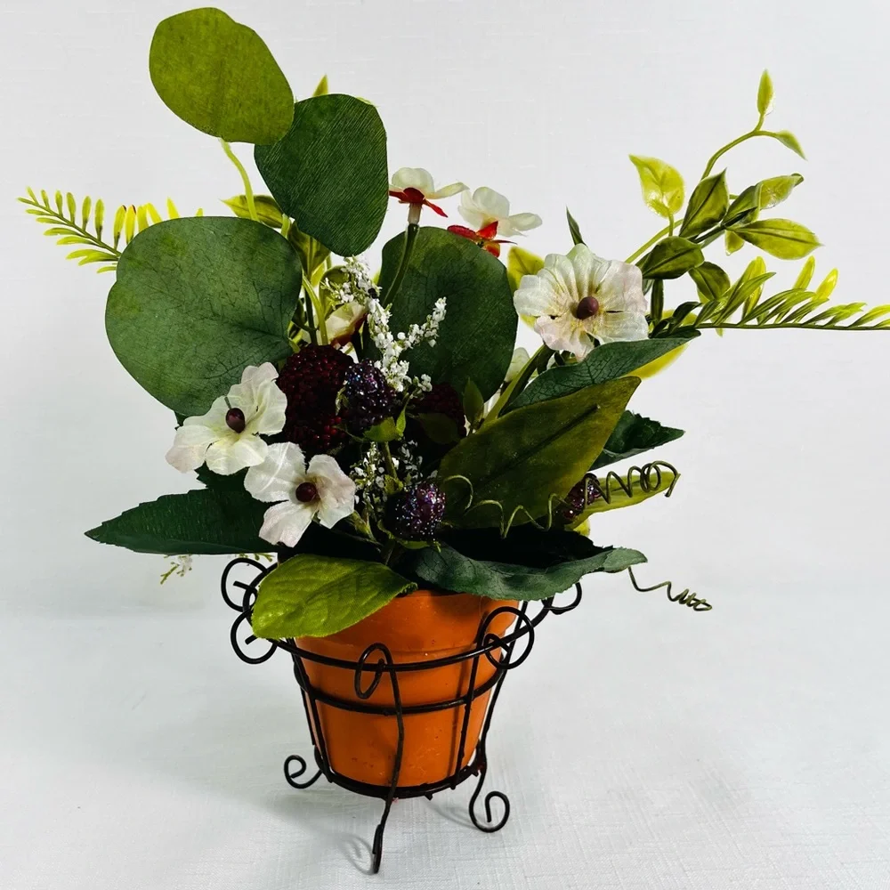 Faux Raspberry Potted Plant in Terra Cotta Pot with Decorative Wire Basket NWOT